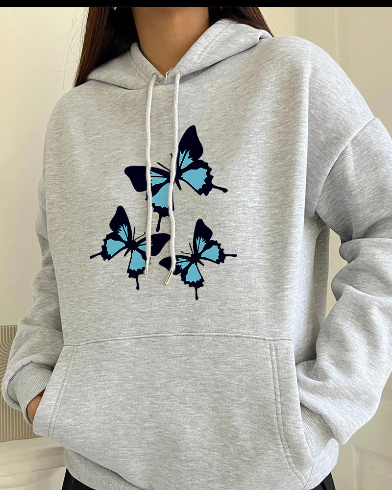 Butterflies Graphic Print Womens Long Sleeve Oversized Sweatshirt Streetwear Fleece Ladies Top