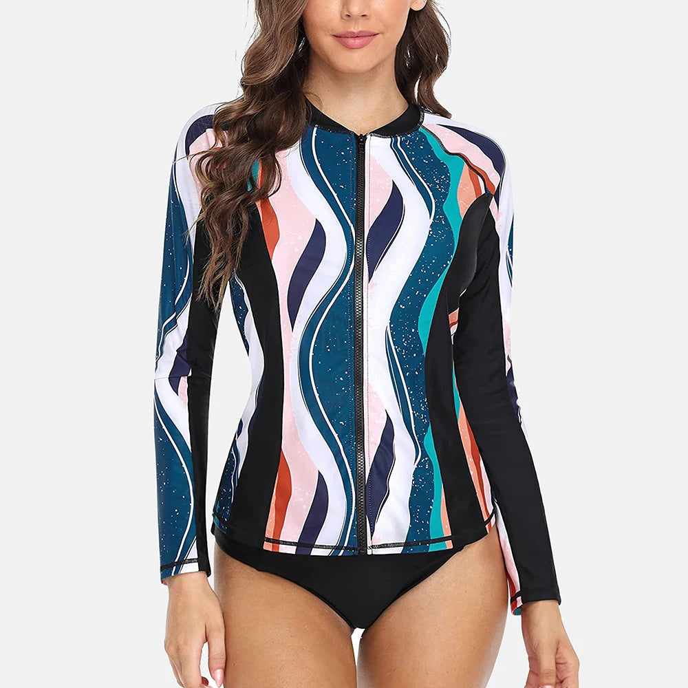 Women Long Sleeve Zipper Rashguard Top Floral Print Rush guard Swimwear Surfing UPF50+ Swimwsuit The Clothing Company Sydney