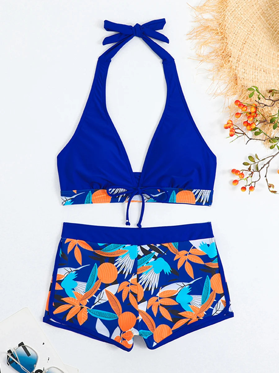 2 Piece Halter Bikini Set Shorts Swimsuit High Waist Swimwear Female Printed Bathers Swimming Bathing Swim Suit Beachwear