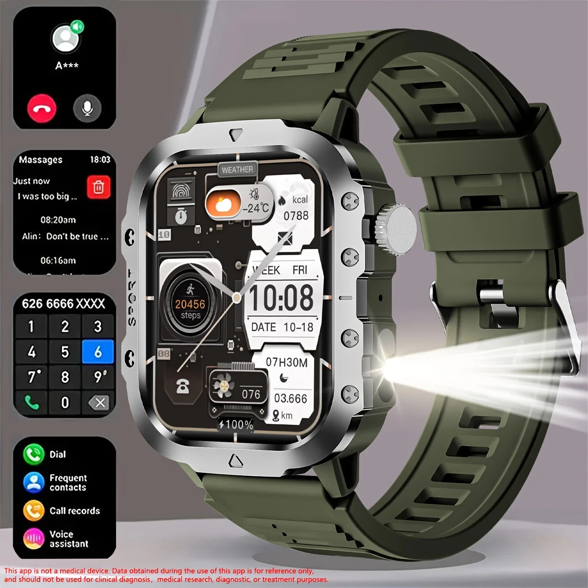 Men's LED smart watch by The Clothing Company Sydney with Bluetooth, voice control, multi-sport modes, and health monitoring features.