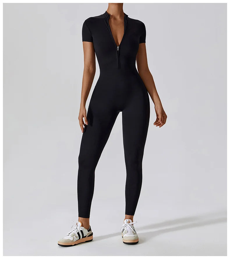 Yoga Jumpsuit Women Zipper Short Sleeve one piece Gym suit Fitness Set Workout Romper Elastic Sportswear