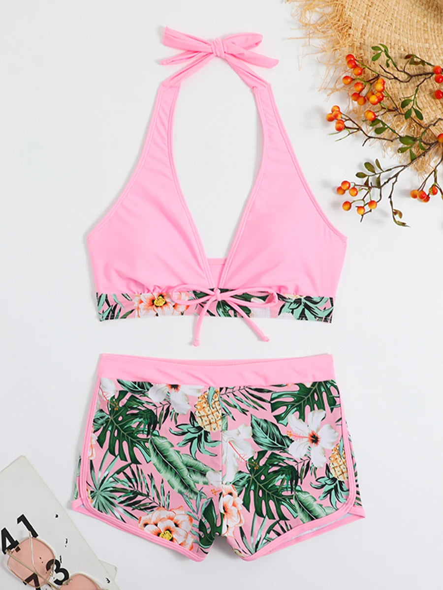 2 Piece Halter Bikini Set Shorts Swimsuit High Waist Swimwear Female Printed Bathers Swimming Bathing Swim Suit Beachwear