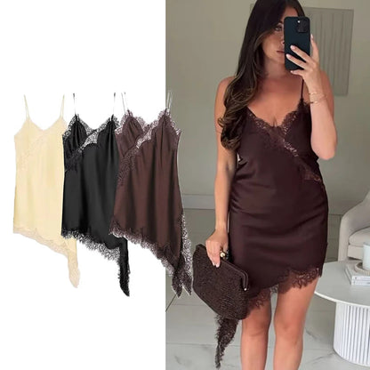 Lace Splicing Summer Sleeveless Asymmetry Dress Backless Slim Women's Party Sling Mini Dress The Clothing Company Sydney