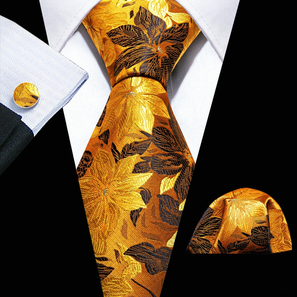 Elegant Men's Gold Leaves Floral Silk Neck Tie Pocket Square Cufflinks Wedding Business Party Gift Set The Clothing Company Sydney