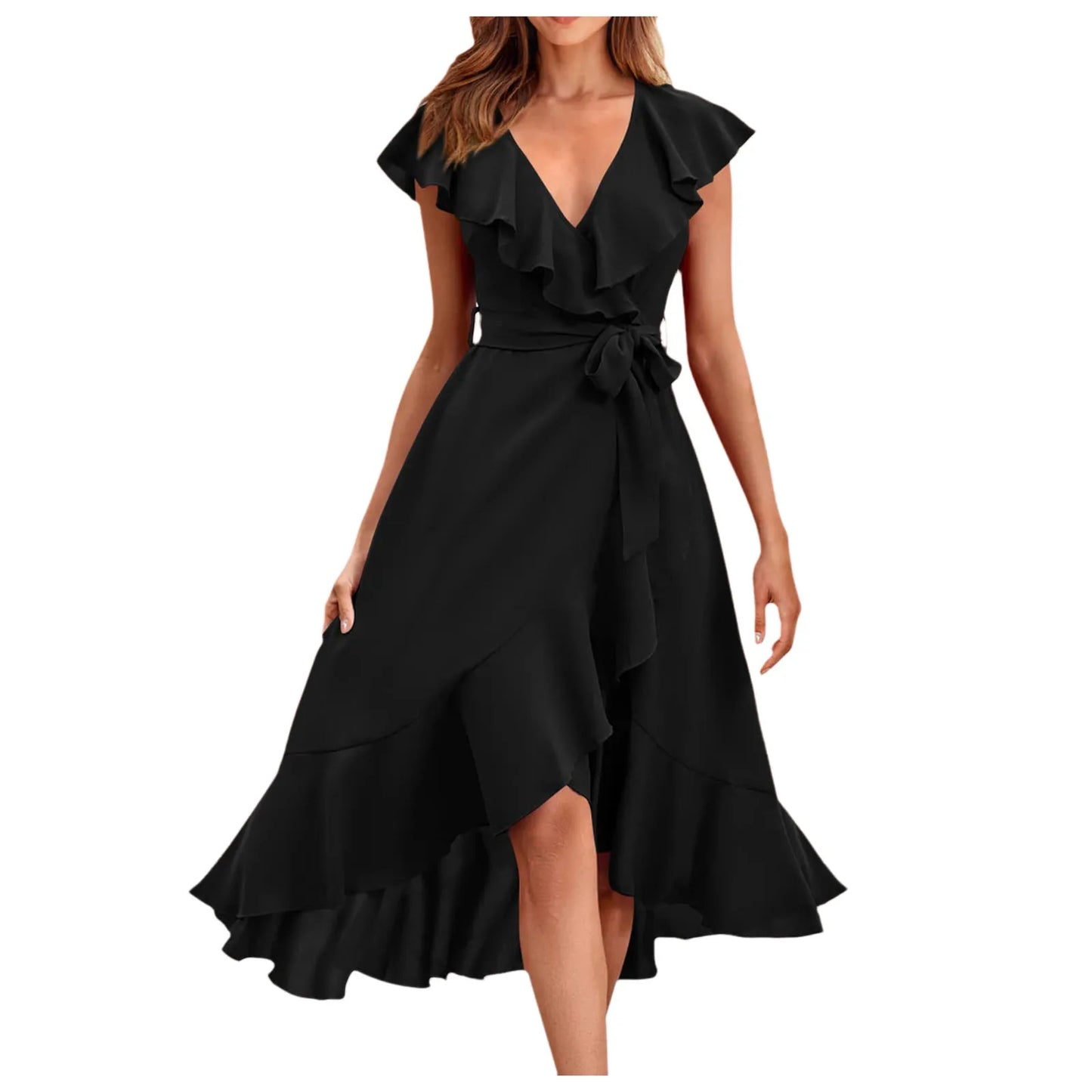 Women's Boho Dress Ruffled Deep V Neck Irregular Long Dress Belted Short Sleeve Wrapped Double Layer Casual Beach Sundress The Clothing Company Sydney