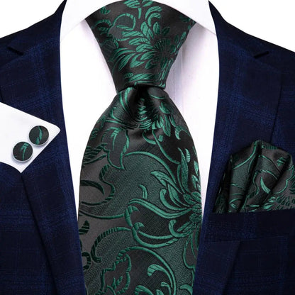 Green Paisley Silk Tie Set for Men – Necktie, Pocket Square & Cufflinks The Clothing Company Sydney