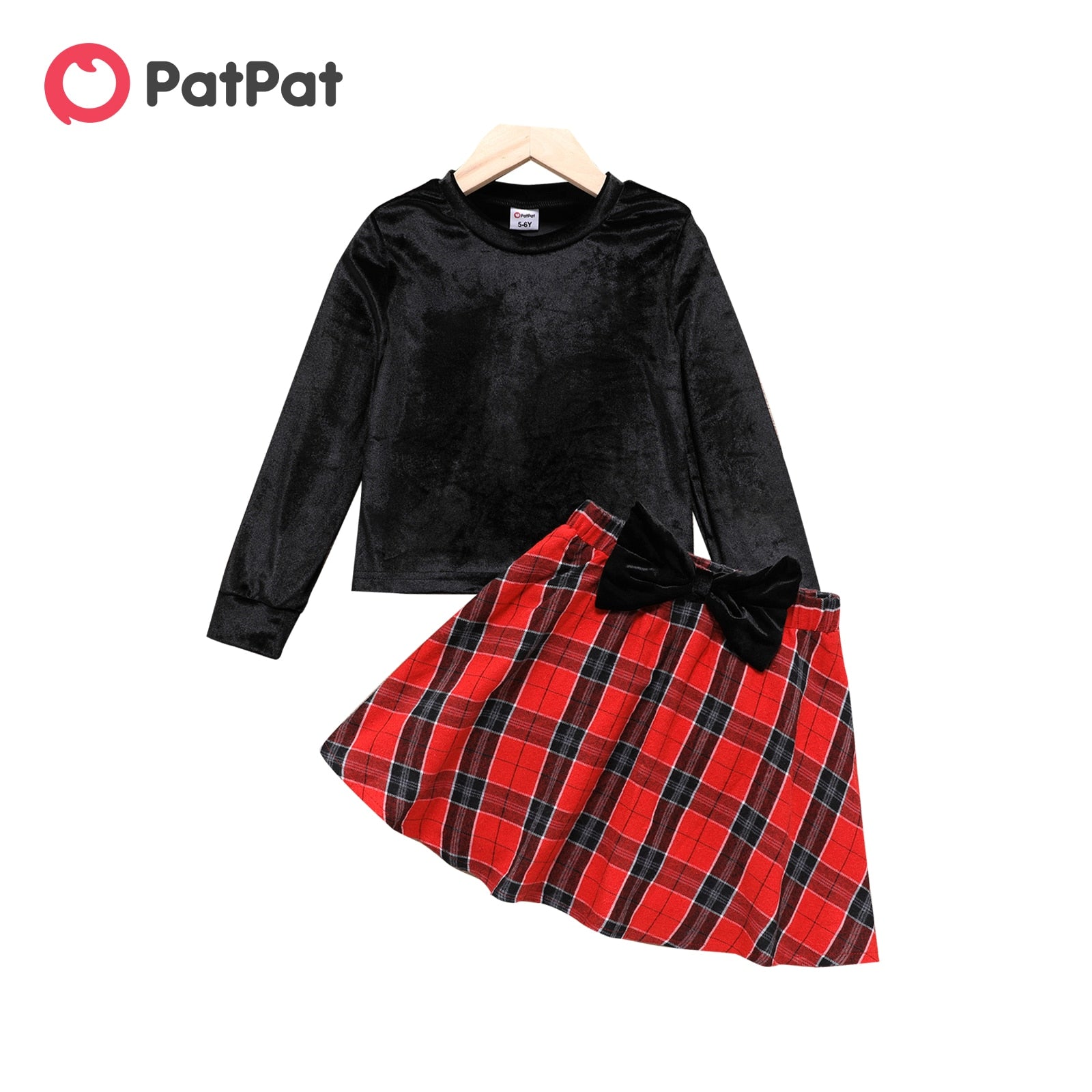 2 Piece Kids Girls' Long-sleeve Black Velvet Tee and 3D Bowknot Design Plaid Skirt Set The Clothing Company Sydney