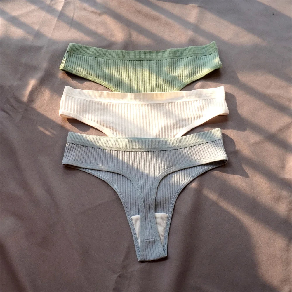 3 Pack Seamless Ribbed Cotton Thong Low Waist Bikini Briefs Sports Underwear Plus Size