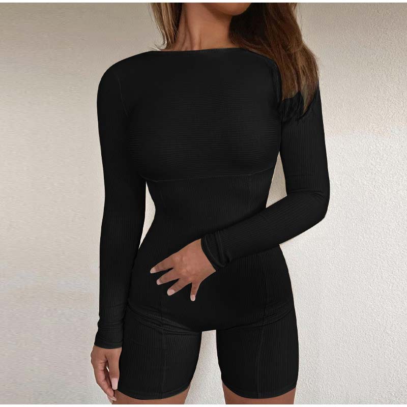 Casual Women's Knitted Bodycon Jumpsuit Fashion Long Sleeve Short Sport One-piece Suit Spring Back Zipper Yoga Playsuit The Clothing Company Sydney