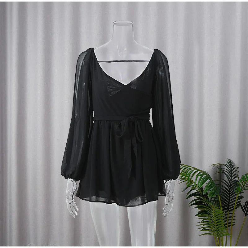 Green Pleated Mini Elegant V-neck Split Long Sleeve A-line Summer Lady Solid Backless Lace Up Dress