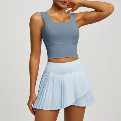 2 Piece Fitness Matching Set Women's Gym Sports Bra Sleeveless Crop Top+ Skirts Tennis Skorts Running Tracksuit Workout Sportswear