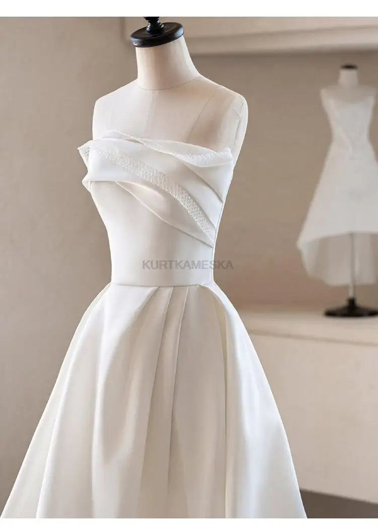 Luxury White Satin Trailing Wedding Dresses Women Elegant Strapless Long Prom Party Bridal Dress