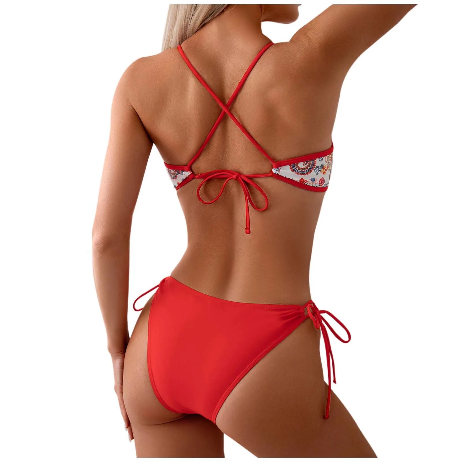 Women's Halter Print Pleated Drawstring Lace Up Low Waist Push Up Swimsuit Two-Piece Vacation Backless Swimwears Bikini Set The Clothing Company Sydney