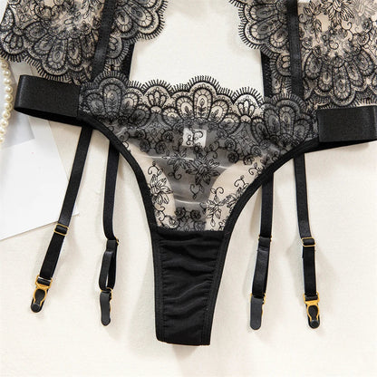 Luxury Black Flower Embroidery Lingerie 4 Piece Mesh Transparent Metal Buckle Bra And Thong Garter Set The Clothing Company Sydney