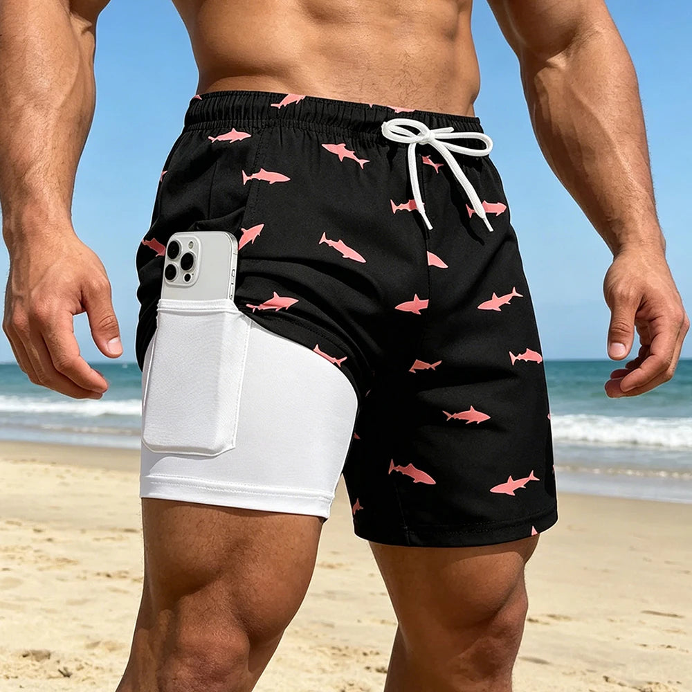 Men's quick dry double layer beach print swim trunks with phone pockets and compression liner