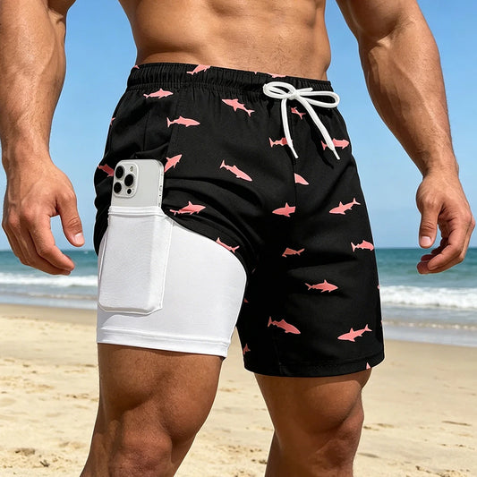 Men's quick dry double layer beach print swim trunks with phone pockets and compression liner