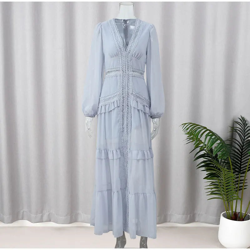 Women V-neck Lantern Long Sleeves Maxi Dress Elegant Patchwork Ruffles Hollow Lace Slim  Summer Dress