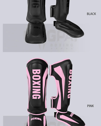 Muay Thai shin guards with foot and back protection for boxing, fighting, and taekwondo training