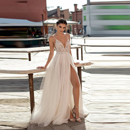 Elegant High Fork Wedding Dresses For Women Sparkling Lace Printing A-Line Bridal Gowns Engagement Party Dress The Clothing Company Sydney