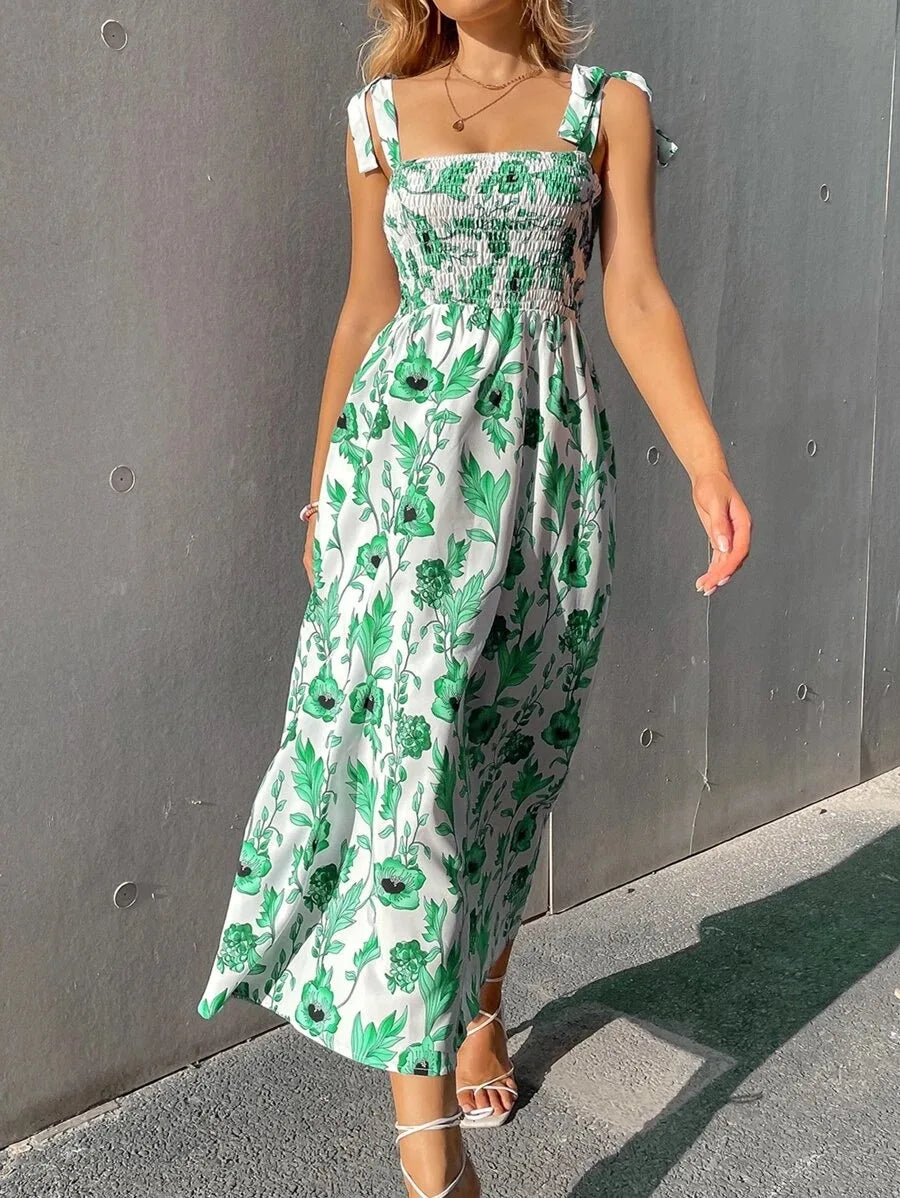 Floral Long Dress Women's Backless Sleeveless Bandage Beach Sundress Casual Green Summer Ladies Dresses