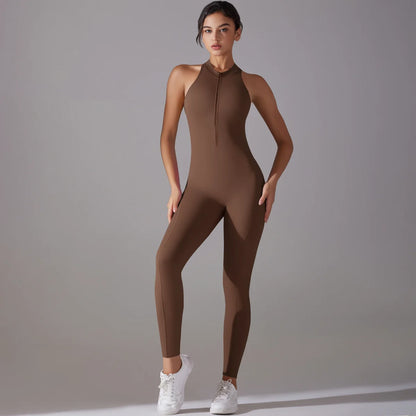 Hollow Backless Scrunch Sporty Jumpsuit Woman Gym Set One Piece Sport Suit Sleeveless Zip Yoga Fitness Overalls