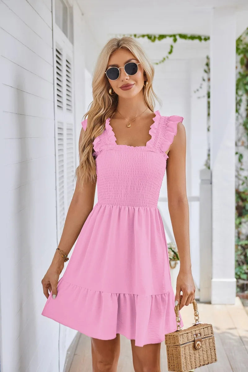 Womens Summer Casual Boho Sleeveless Backless Square Neck Smocked Ruffle Mini Dress A-Line Swing Sundress