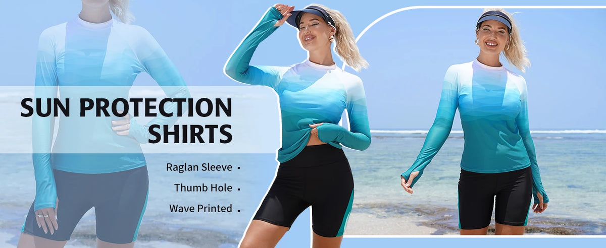 Women's long sleeve rashguard by The Clothing Company Sydney, printed surf shirt with thumb holes, UPF 50+ skin-friendly swimsuit