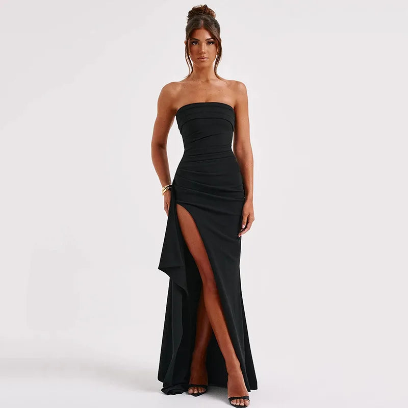 Off Shoulder Elegant High Rise Split Maxi Club Outfits Strapless Evening Gown Dress The Clothing Company Sydney