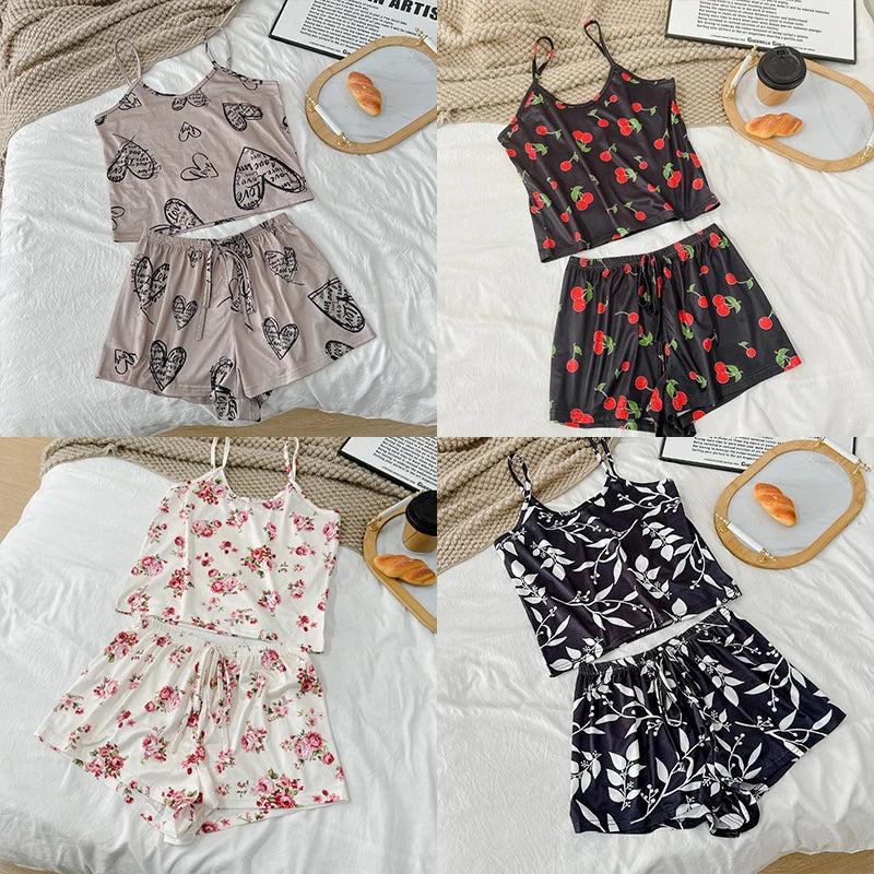 Womens Pajama Ladies Satin Pyjama Print Round Neck Ice Silk Top T-Shirt and Shorts Sets