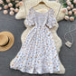 Women's Fashion Romantic Floral Print Split Long Summer Dress Puff Sleeve Party Dress