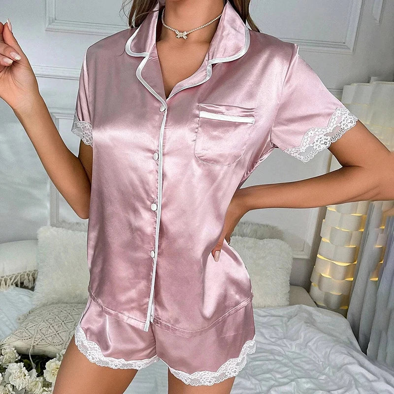 Women's Pajamas Set Luxury Satin Pajamas Short Sleeve Sleepwear Leisure Home Clothes Nightwear Pyjamas for Women The Clothing Company Sydney