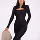 Hollow Out Long Sleeve Maxi Dress Gown Autumn Winter New Metal Buckle Ruched Slit Long Elegant Dress