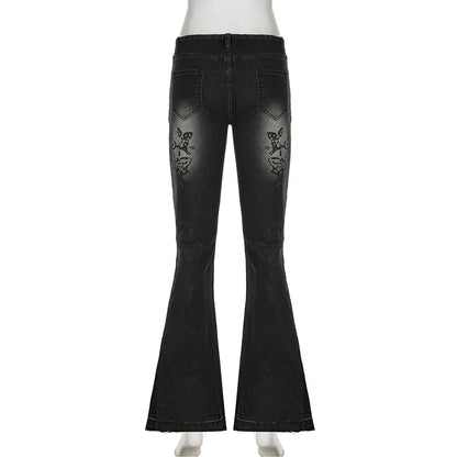Vintage Floral Skinny Flare Jeans Denim Low Rise Y2K Chic Women's Trousers Distressed Gothic Pants The Clothing Company Sydney