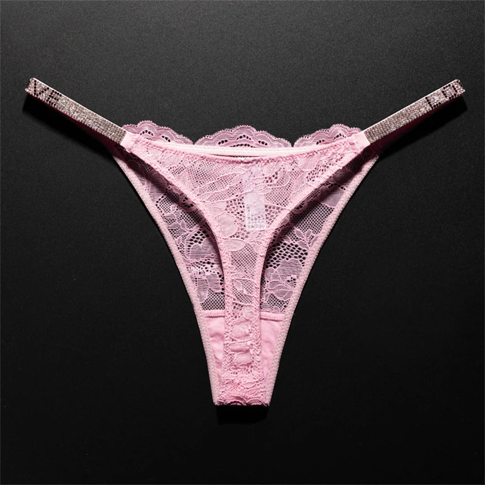 Crystal Embellished Perspective Lace Thong Breathable Underwear Women Transparent T-back Plus Size G String