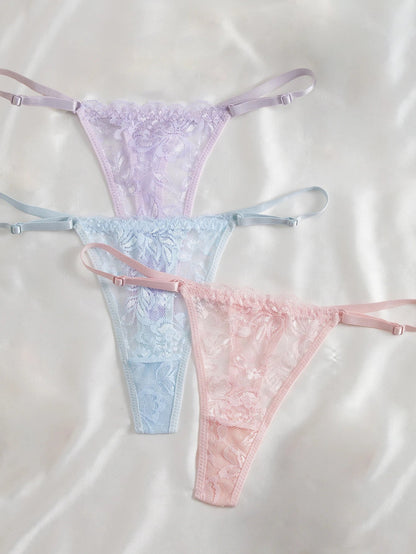 3 Pack Women's Lace Panties Underwear Adjustable Strap Floral Lace Sheer Mesh Thong G String The Clothing Company Sydney