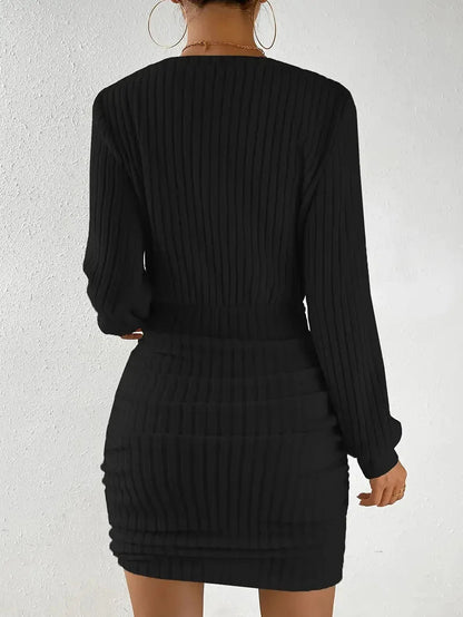 Women's Autumn Winter Knitted Sweater Mini Dress Female Casual Solid Wrap V-neck Long Sleeve Warm Bodycon Short Dress The Clothing Company Sydney