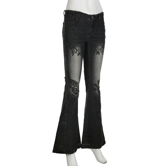 Vintage Floral Skinny Flare Jeans Denim Low Rise Y2K Chic Women's Trousers Distressed Gothic Pants The Clothing Company Sydney