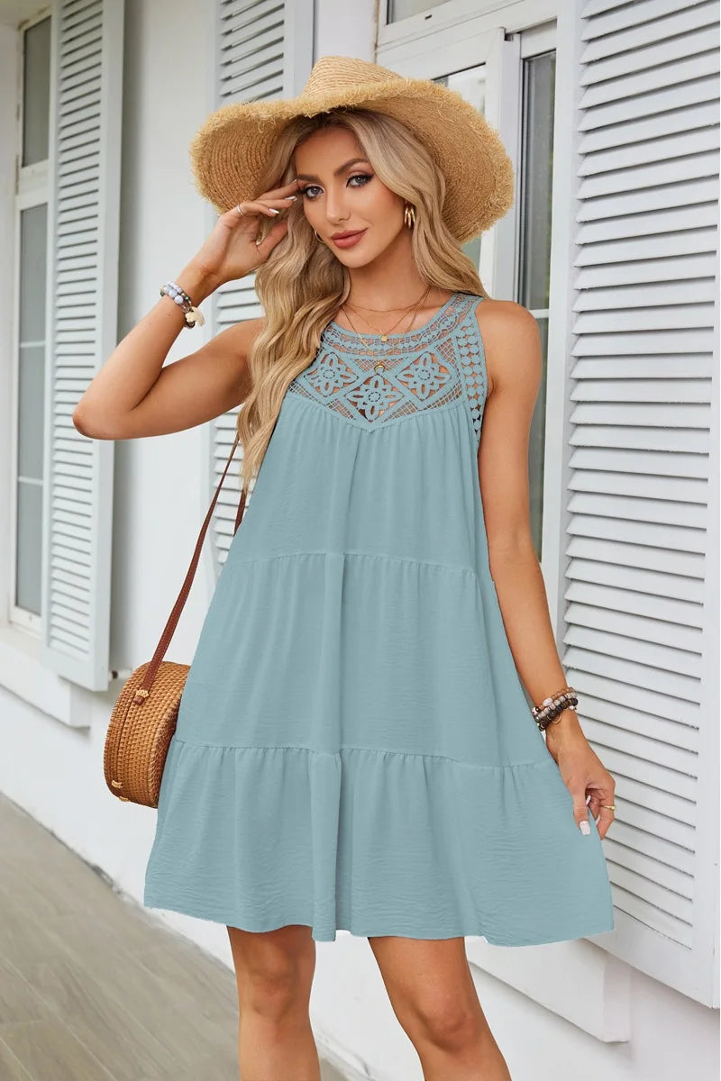 Hollow Lace Patchwork Halter Neck Women A Line Dress Summer Casual Solid Color Loose Beach Holiday Sundress