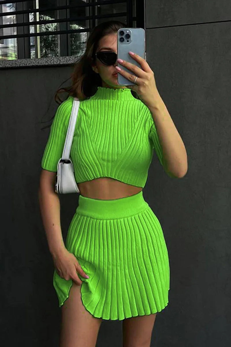 Elegant Knitted Dress Pleated Matching Outfits for Women Winter Mini Skirts 2 Piece Sets