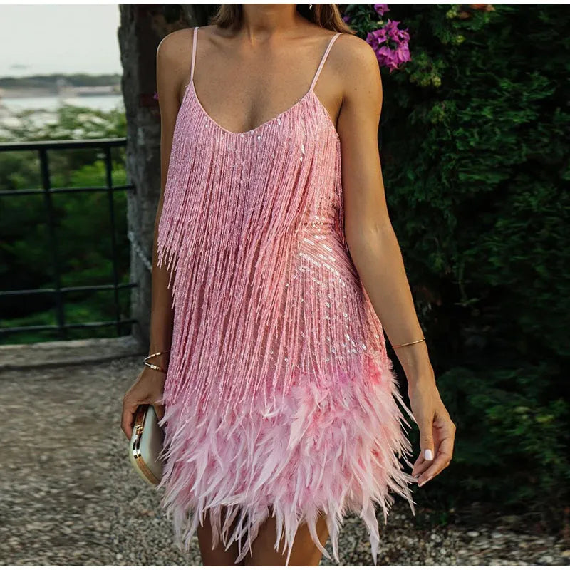 Tassel Sequins Feather Mini Dress Women's Spaghetti Strap Stitching Elegant Evening Party Club Dress