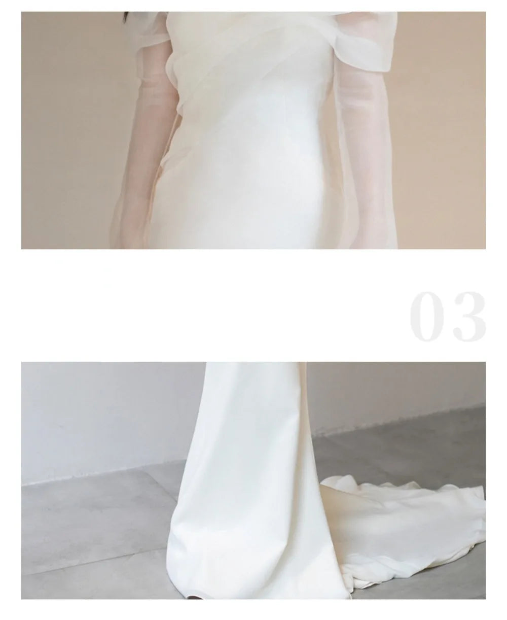 One Shoulder Satin Light Wedding Dress with Simple and Slim Fit Sweet Long Sleeved Bride Evening Gown