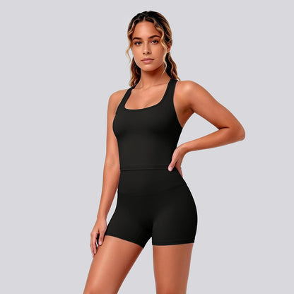 2 Piece Women's Breathable Workout Top I-shaped Vest  Push Up Quick-Dry Summer Yoga Shorts Matching Set