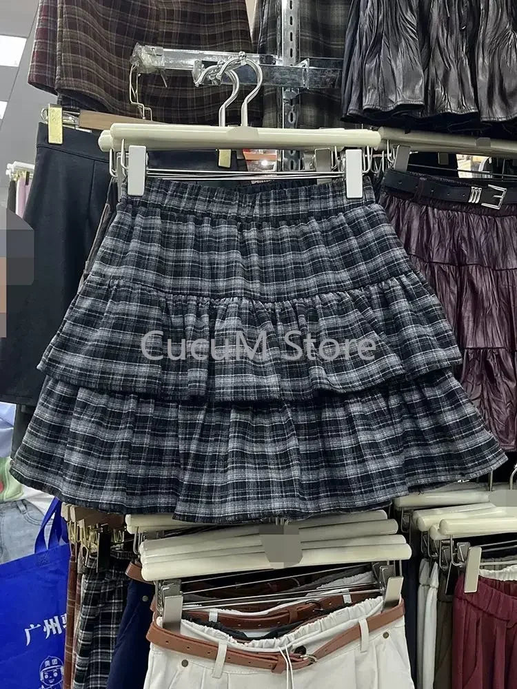 Y2k Cute Ruffled Plaid Skirt Punk Rock Casual Women's Skirts