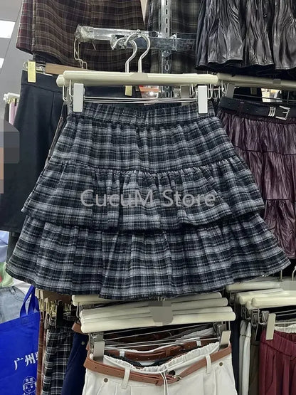 Y2k Cute Ruffled Plaid Skirt Punk Rock Casual Women's Skirts