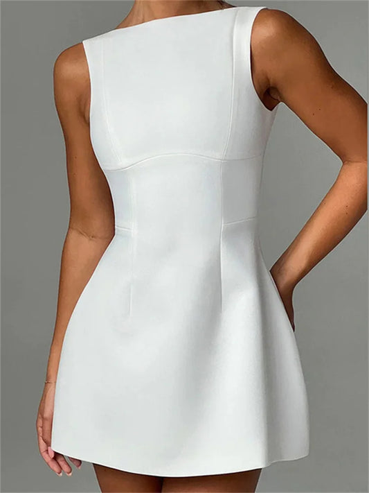 White Backless Patchwork Fashion Summer Elegant Party Mini Dress