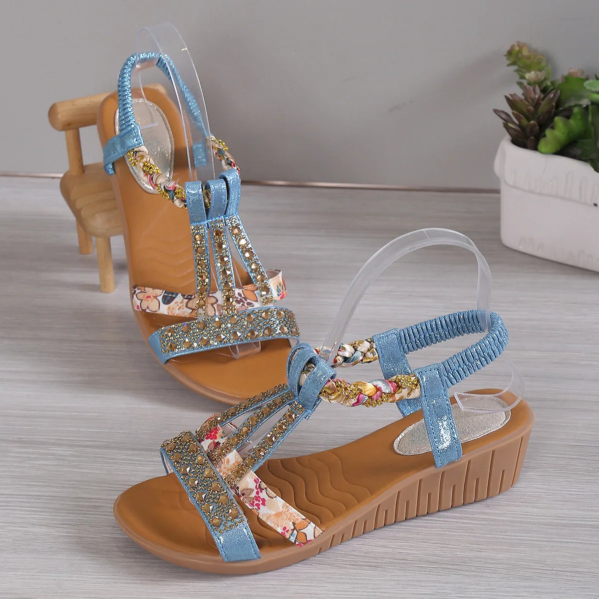 Women's Wedge Sandals Summer Shoes Shiny Rhinestones Elastic Platform Peep Toe Outdoor Sandals