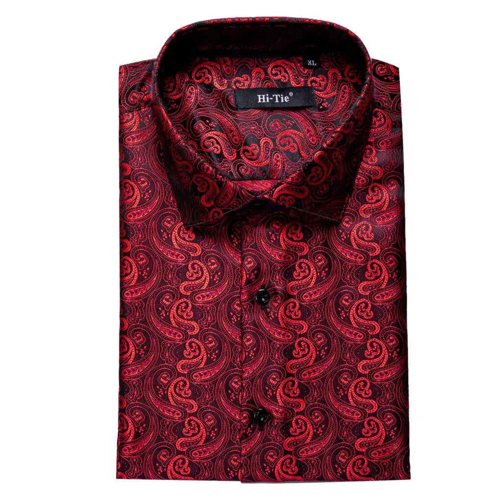 Hi-Tie Long Sleeve Silk Shirts for Men Suit Dress Outwear Male Slim Wedding Floral Paisley Gold Blue Red The Clothing Company Sydney