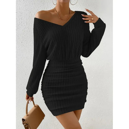 Women's Autumn Winter Knitted Sweater Mini Dress Female Casual Solid Wrap V-neck Long Sleeve Warm Bodycon Short Dress The Clothing Company Sydney