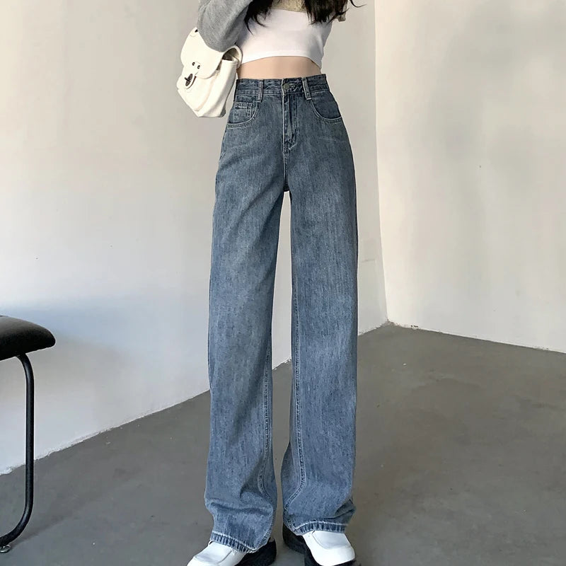 High Waisted Jeans Y2K Fashion Women Clothing Blue Black Straight Leg Denim Pants Trousers Mom Jean Baggy Trousers