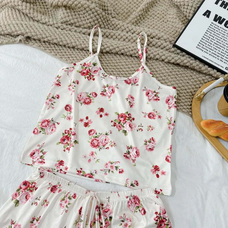 Womens Pajama Ladies Satin Pyjama Print Round Neck Ice Silk Top T-Shirt and Shorts Sets